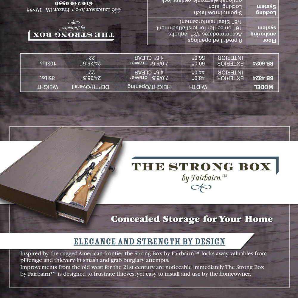 sales sheet, The Strong Box by Fairbairn marketing collateral, graphic design
