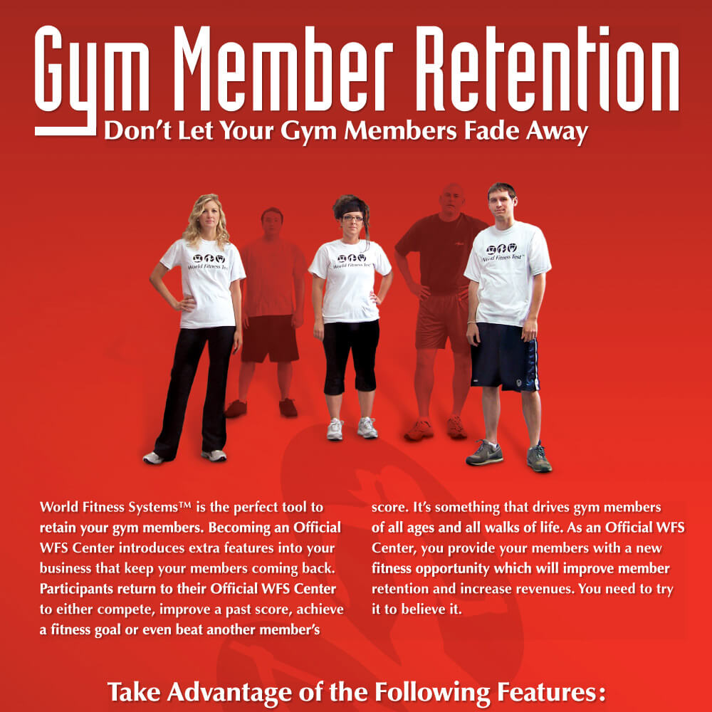 Advertisement, gym member retention, world fitness systems, graphic design print